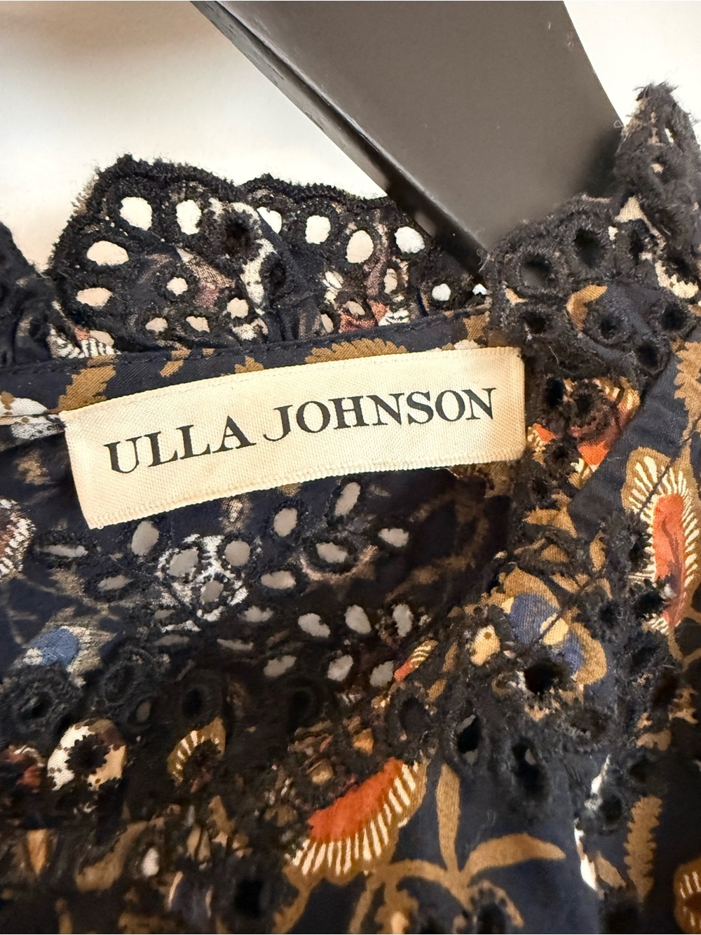Ulla Johnson Yvonne Black Floral Crochet Yoke Puff Sleeve Blouse in Lune - Picture 2 of 2